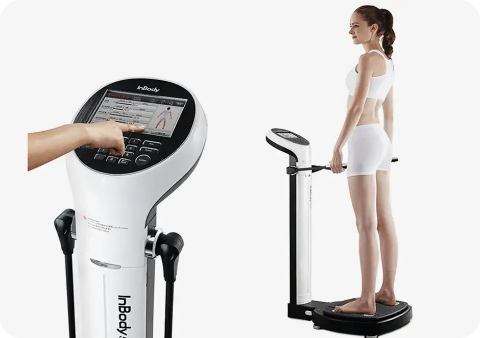 inbody測定器のモニター画面と測定している女性の画像